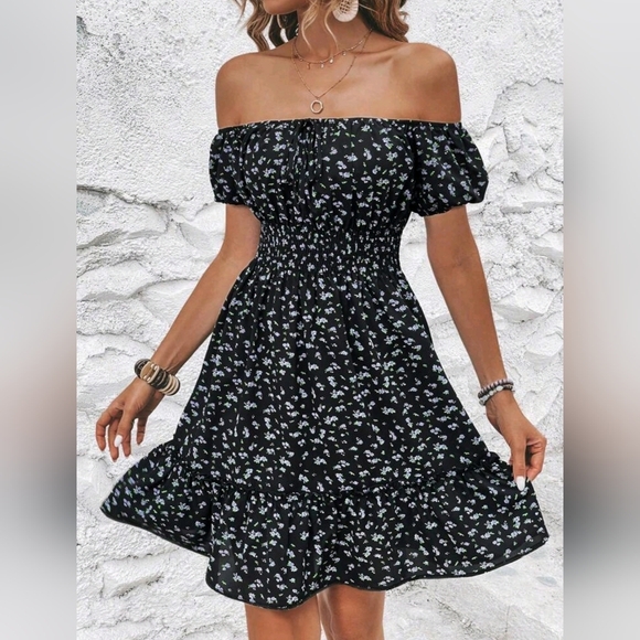 * NEW Boho Floral Off Shoulder Ruffle Dress Puffed Sleeve Black - Picture 1 of 7